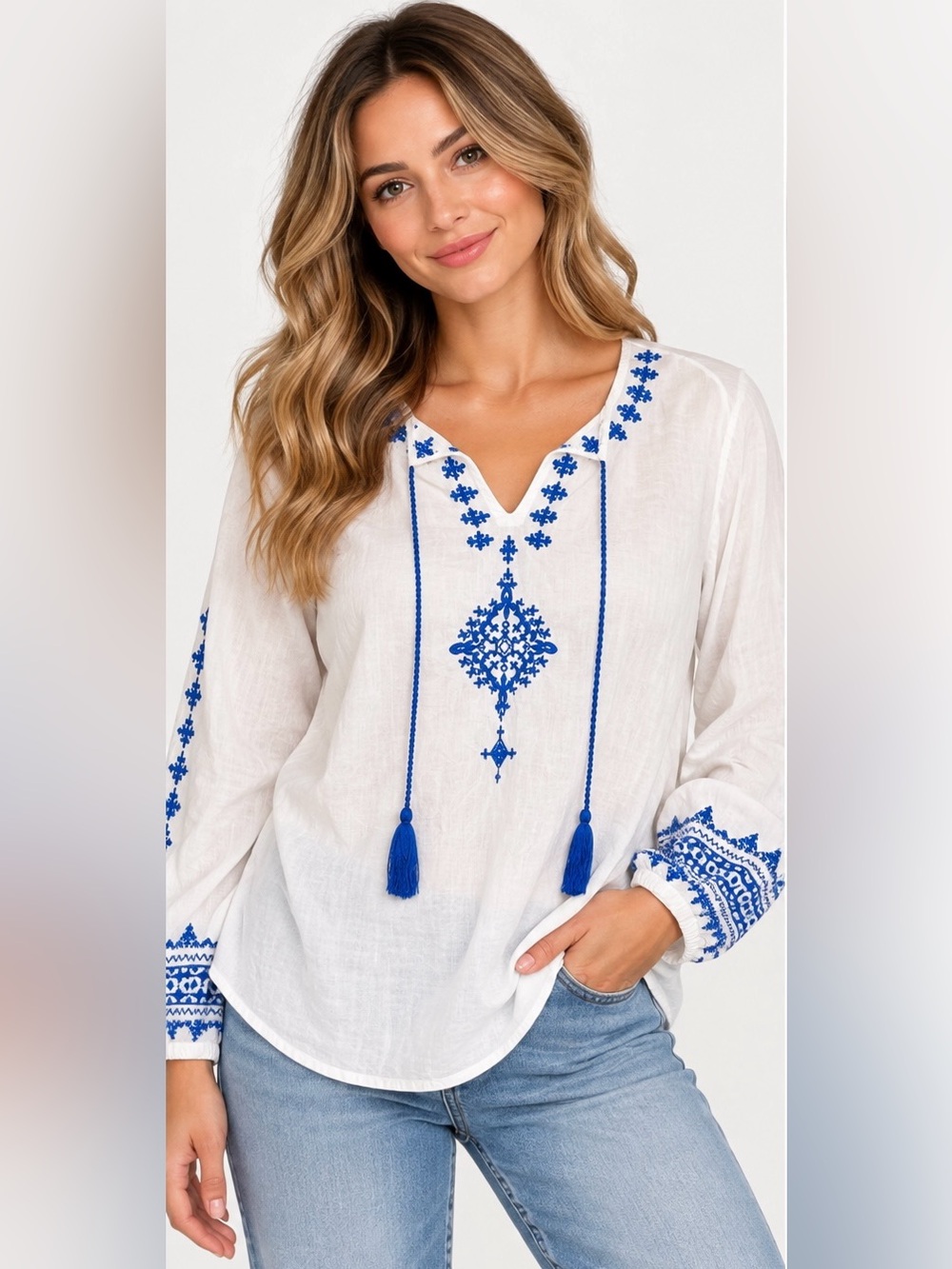 RD + Koko White Blue Embroidered Boho Cotton Top XL